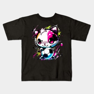 Soccer Cat Kawaii Chibi - Soccer Futball Football - Graphiti Art Graphic Paint Kids T-Shirt